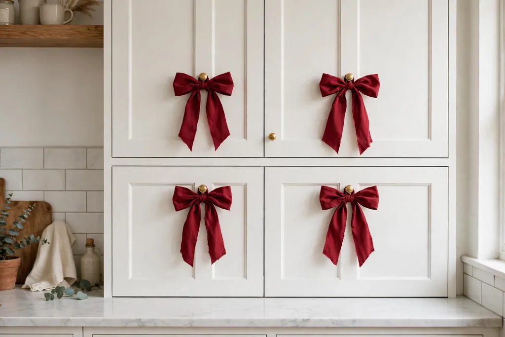 Deep red ribbon bows tied to knobs on white kitchen cabinet doors.