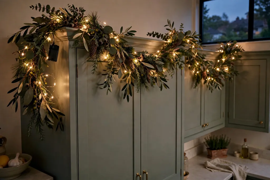 Warm white battery fairy lights woven through a greenery garland on top of kitchen cabinets at dusk.