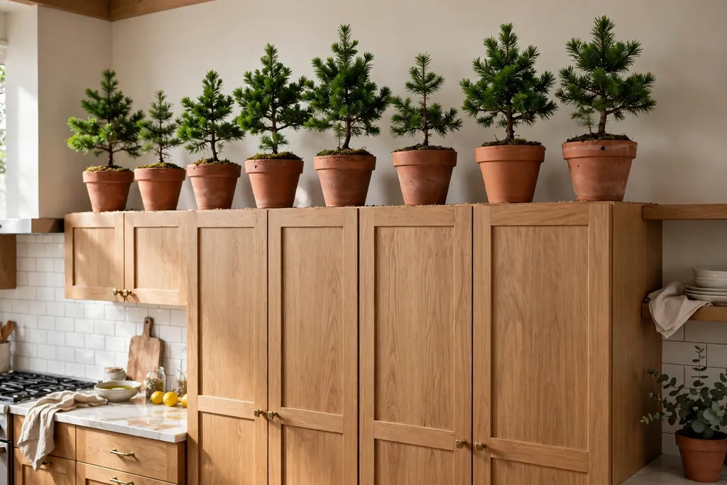 Mini potted evergreen trees in terracotta pots lined on top of kitchen cabinets.