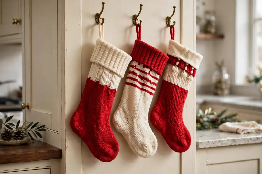 Christmas stockings in red and cream hung from hooks on a kitchen cabinet end panel.