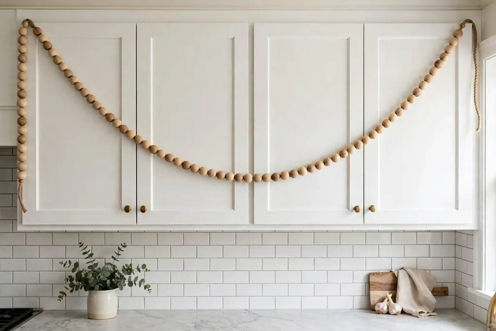 Natural wood bead garland draped in a soft swag across white upper kitchen cabinet doors.
