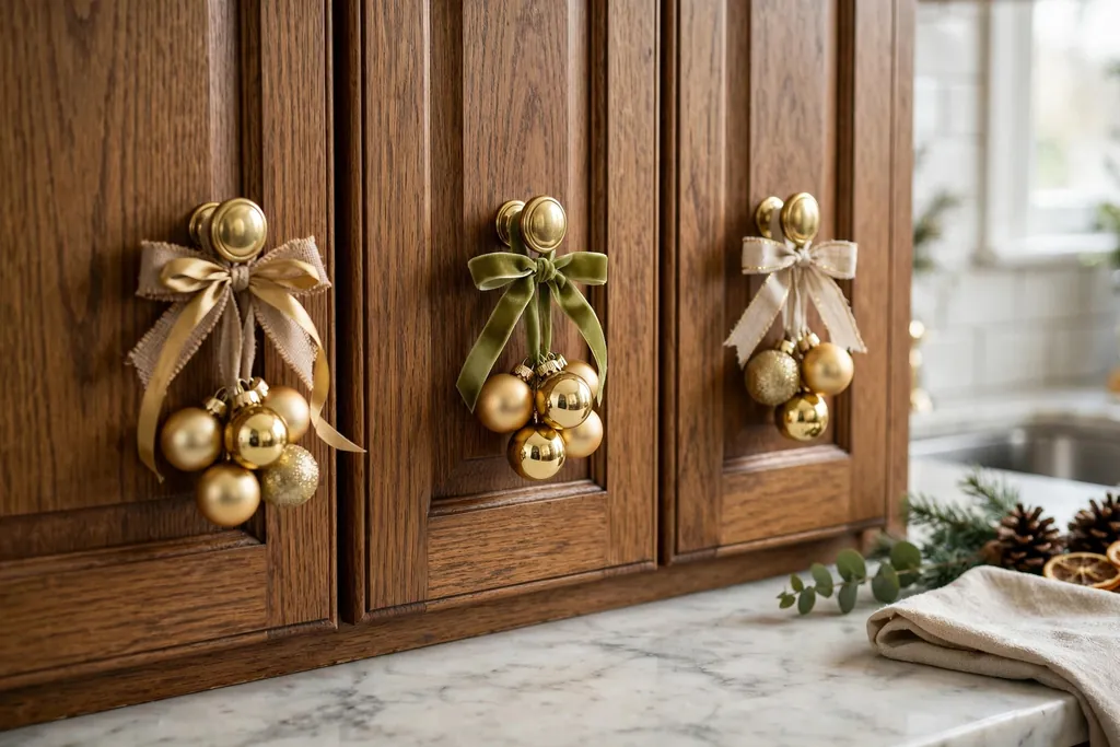 Small clusters of gold Christmas ornaments tied with ribbon to kitchen cabinet knobs.