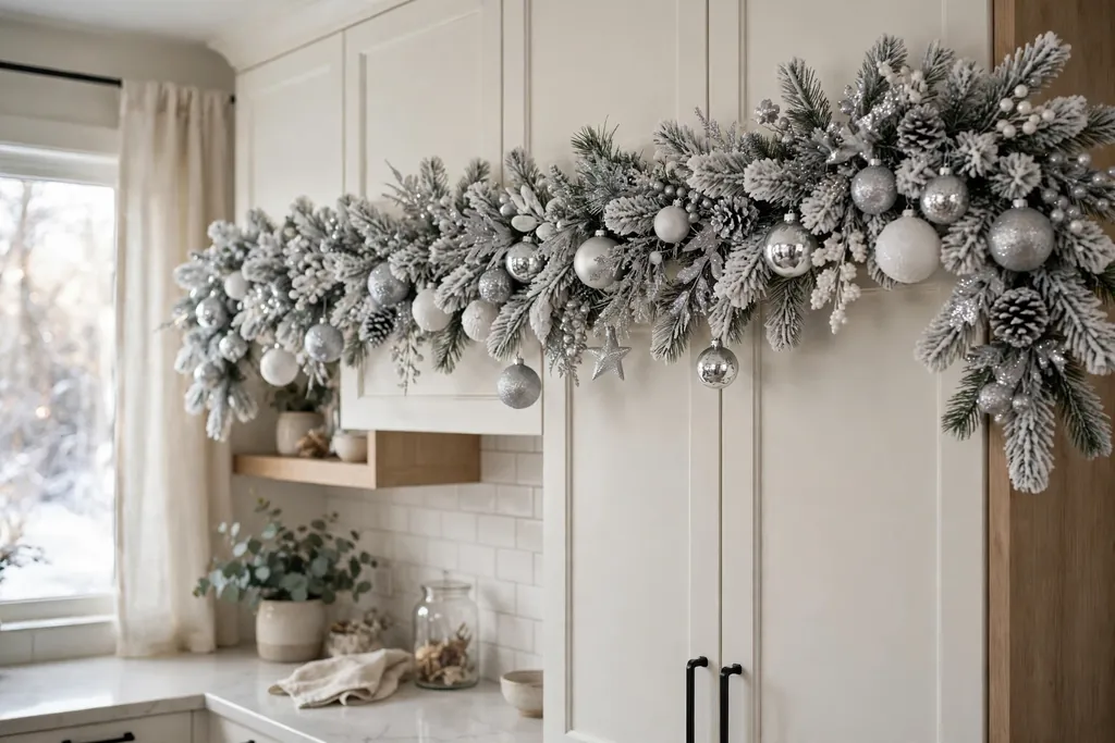 Frosted snowy garland with white and silver ornaments along the top of kitchen cabinets.