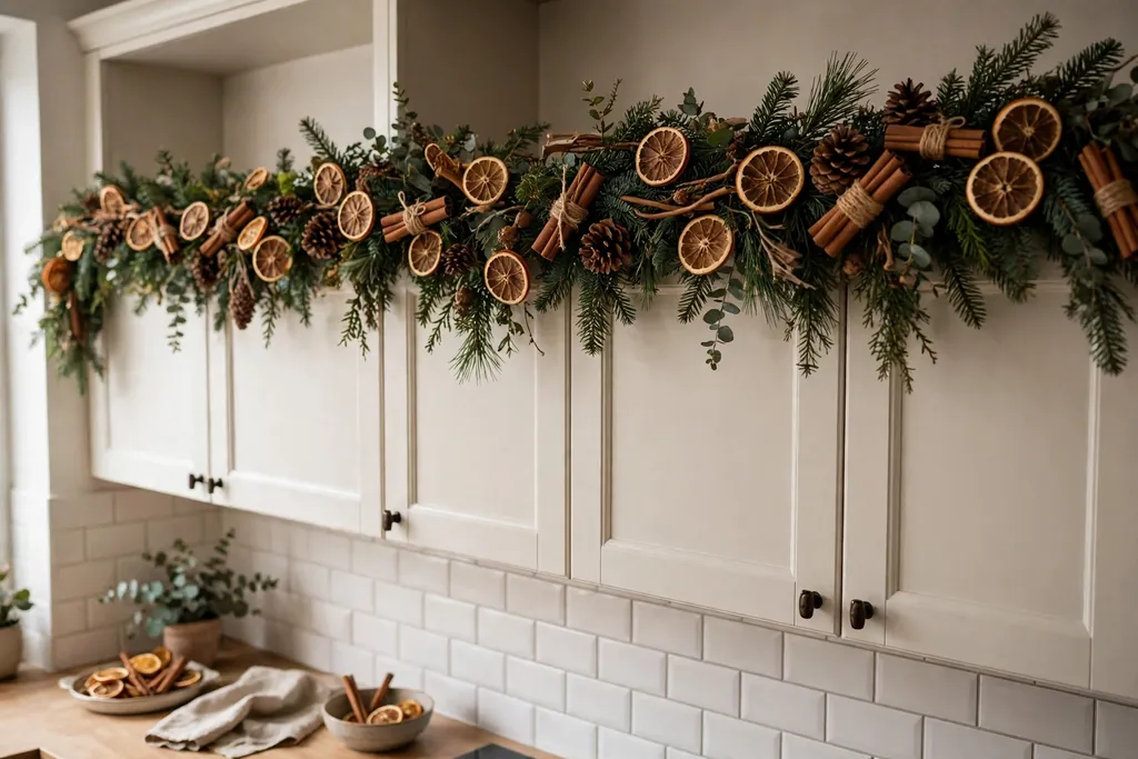 Evergreen garland on kitchen cabinet tops dressed with dried orange slices, cinnamon sticks, and pinecones.