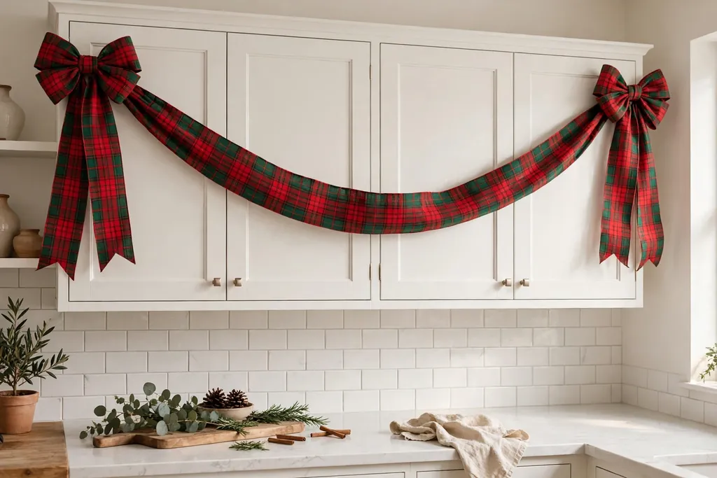 Wide red and green plaid ribbon swagged across white upper kitchen cabinet doors with bows at the ends.
