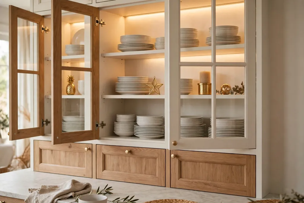 Glass front kitchen cabinets with warm lights inside, white plates, and a few gold ornaments on the shelves.