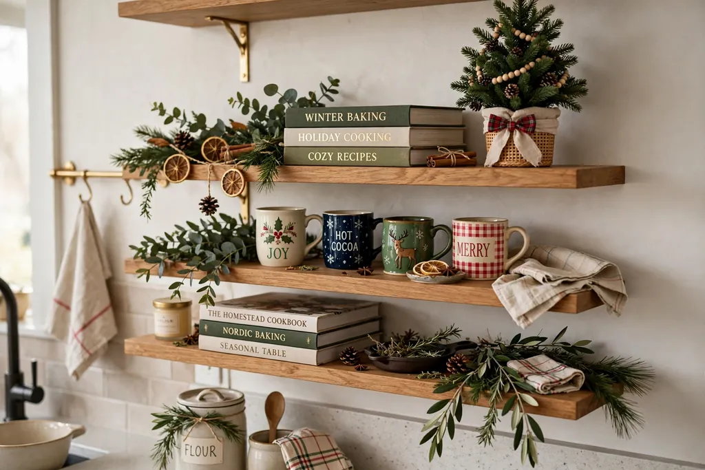 Kitchen open shelves styled for Christmas with seasonal mugs, greenery, cookbooks, and a mini tree.