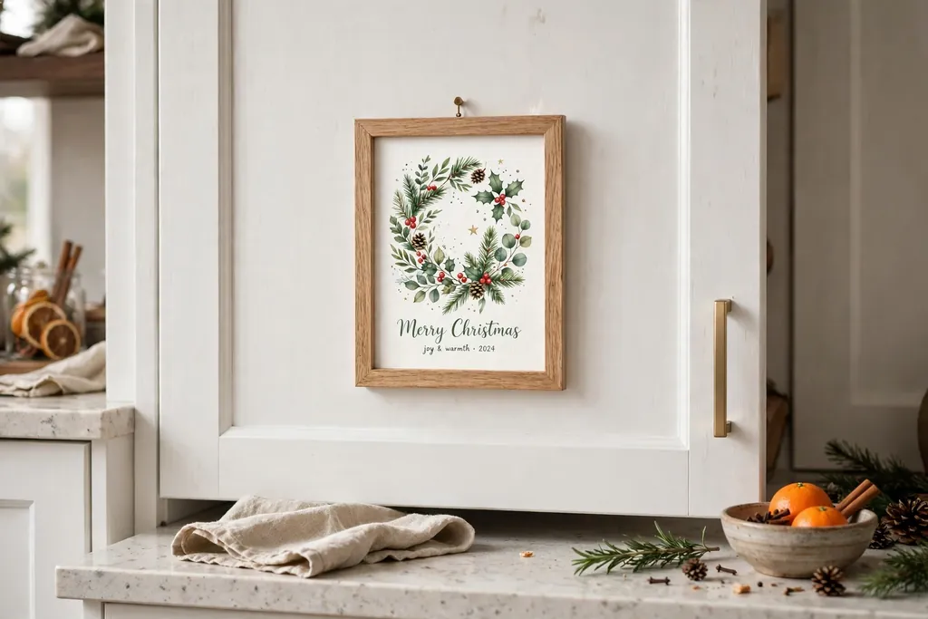 Small framed Christmas print hung on a white kitchen cabinet door with a simple wooden frame.