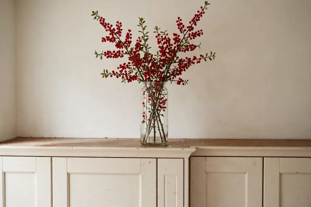 Tall glass jar of red berry stems set on top of kitchen cabinets against a plain wall.