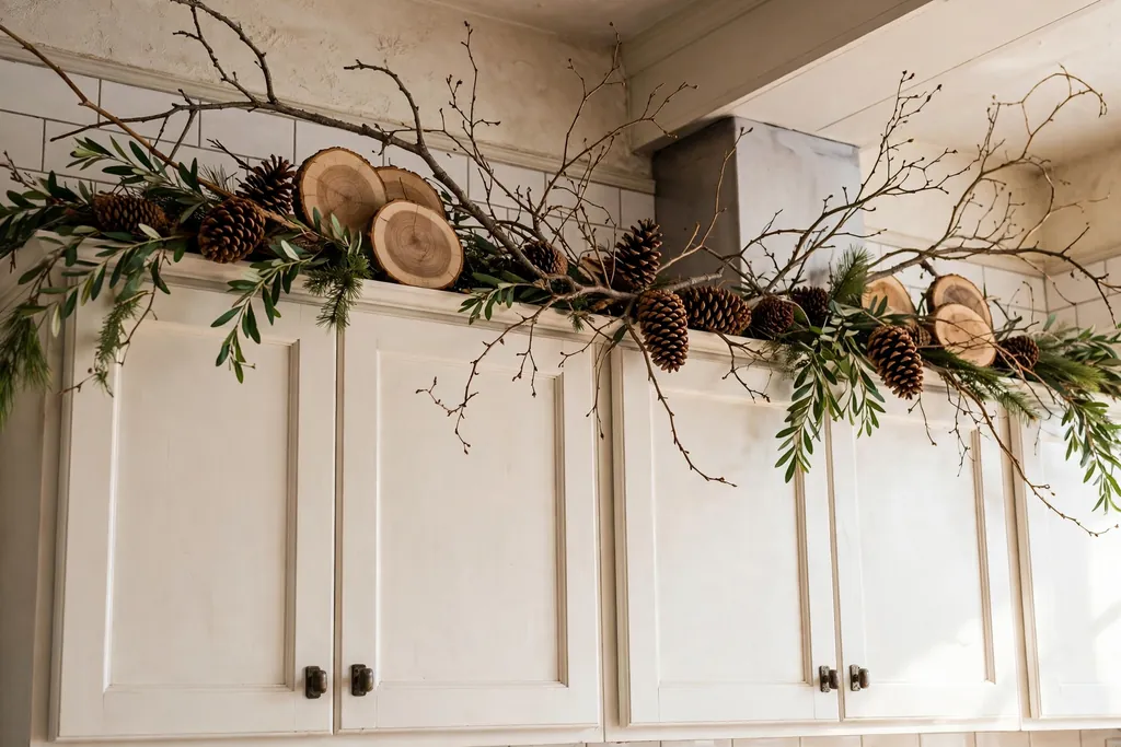 Pinecones, wood slices, and bare branches arranged on top of kitchen cabinets with a greenery garland.