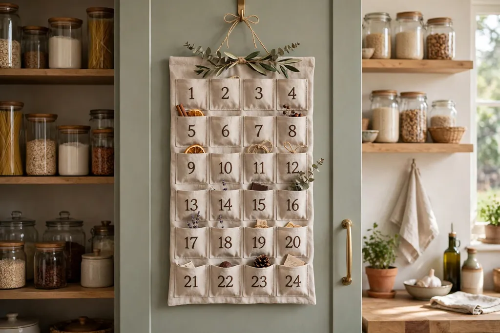 Fabric advent calendar with small numbered pockets hung on a tall kitchen pantry cabinet door.