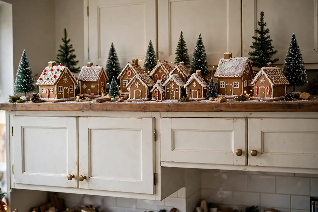 Small gingerbread village with mini trees on a board along the top of kitchen cabinets.