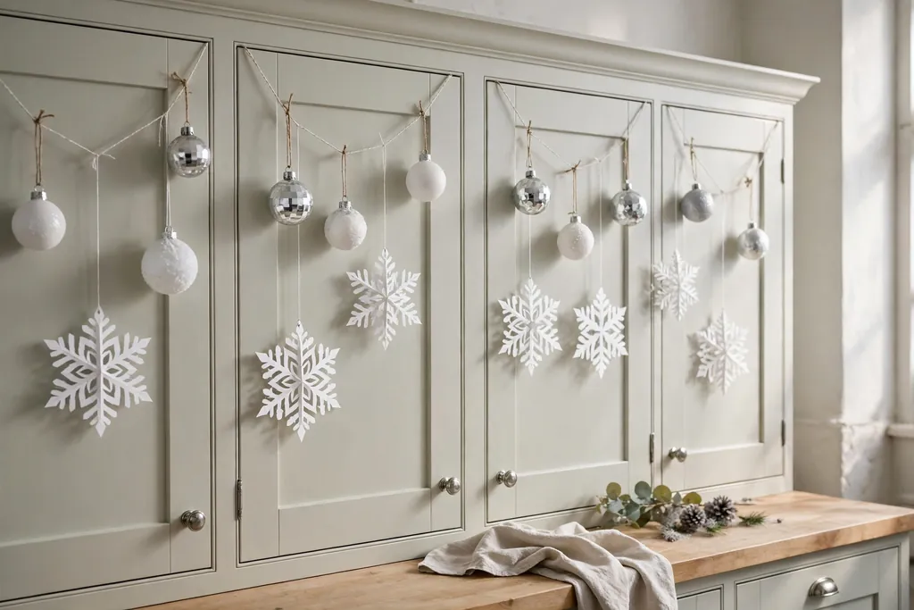 White and silver Christmas ornaments and paper snowflakes hung on pale kitchen cabinet doors.