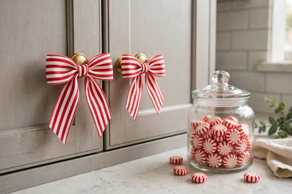 Candy cane striped ribbon bows on kitchen cabinet knobs with a lidded glass jar of peppermint sweets nearby.