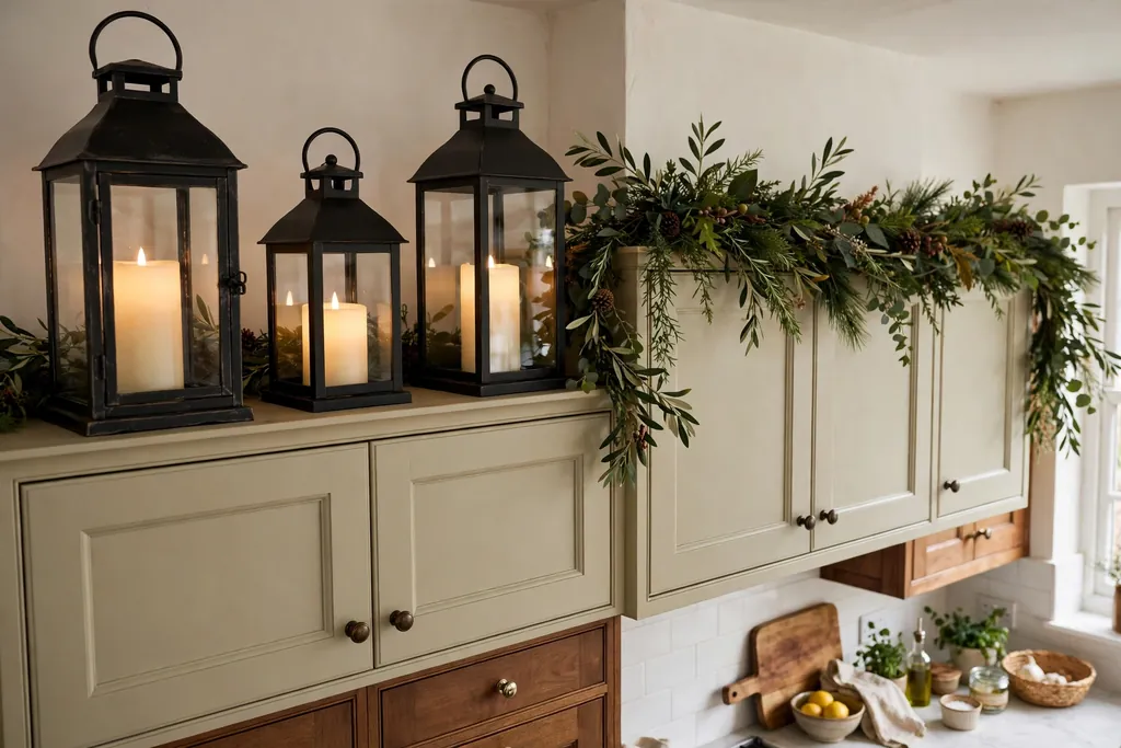 Metal lanterns with flameless candles set on top of kitchen cabinets beside a greenery garland.