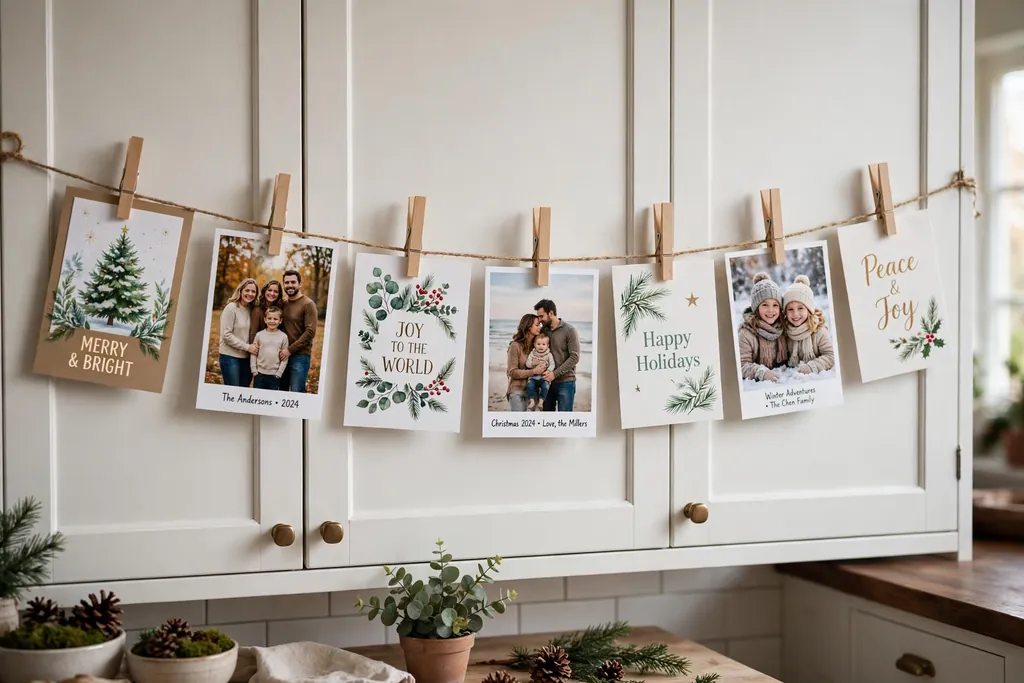 Ribbon line across kitchen cabinet doors clipped with Christmas cards and family photo cards using wooden pegs.