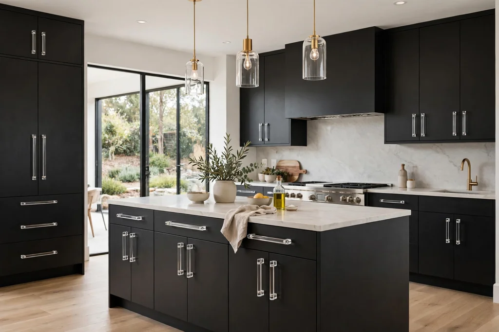 Dark kitchen cabinets fitted with clear acrylic bar pulls.