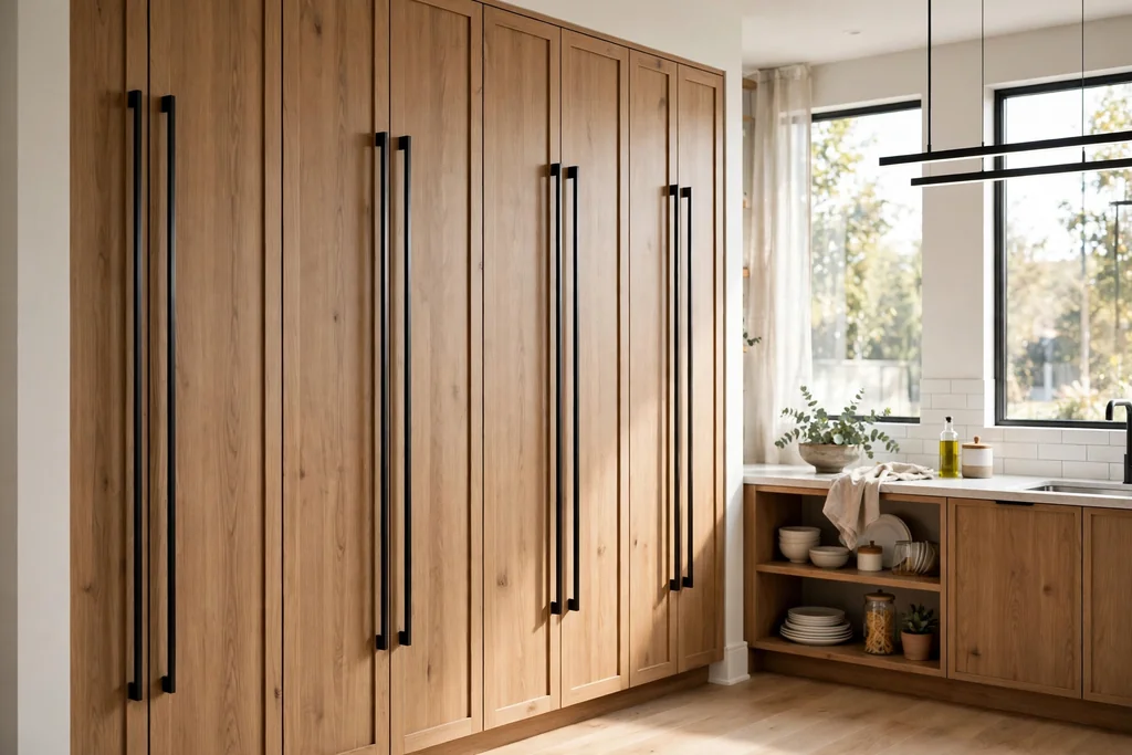 Tall kitchen pantry cabinets fitted with extra long vertical appliance pulls.