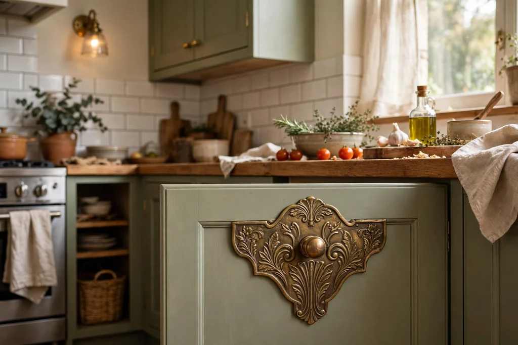 Traditional kitchen cabinet door fitted with a knob and a shaped metal backplate.