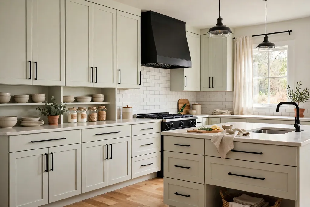 Kitchen with pale cabinets fitted with matte black bar pulls.