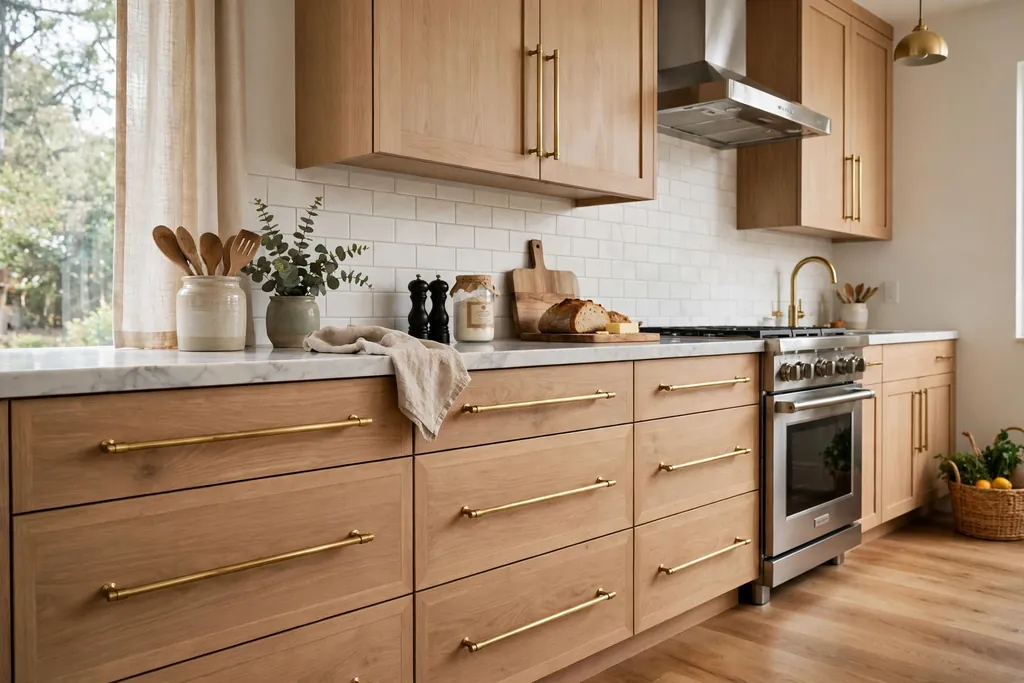 Kitchen with wide drawers fitted with long brass bar pulls.