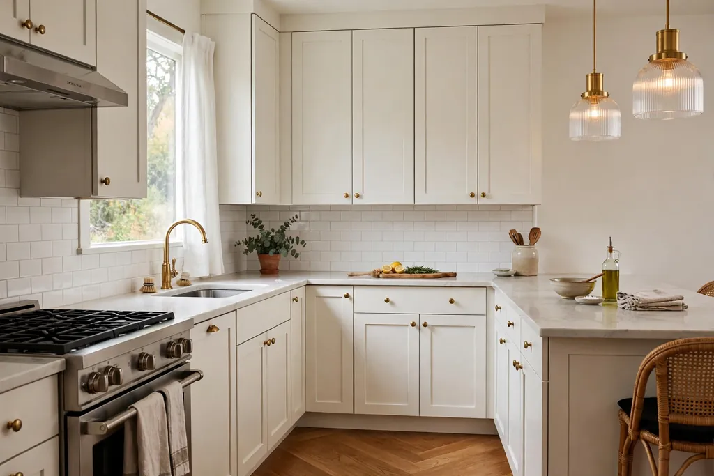 Kitchen with Shaker cabinets fitted with small round brass knobs.