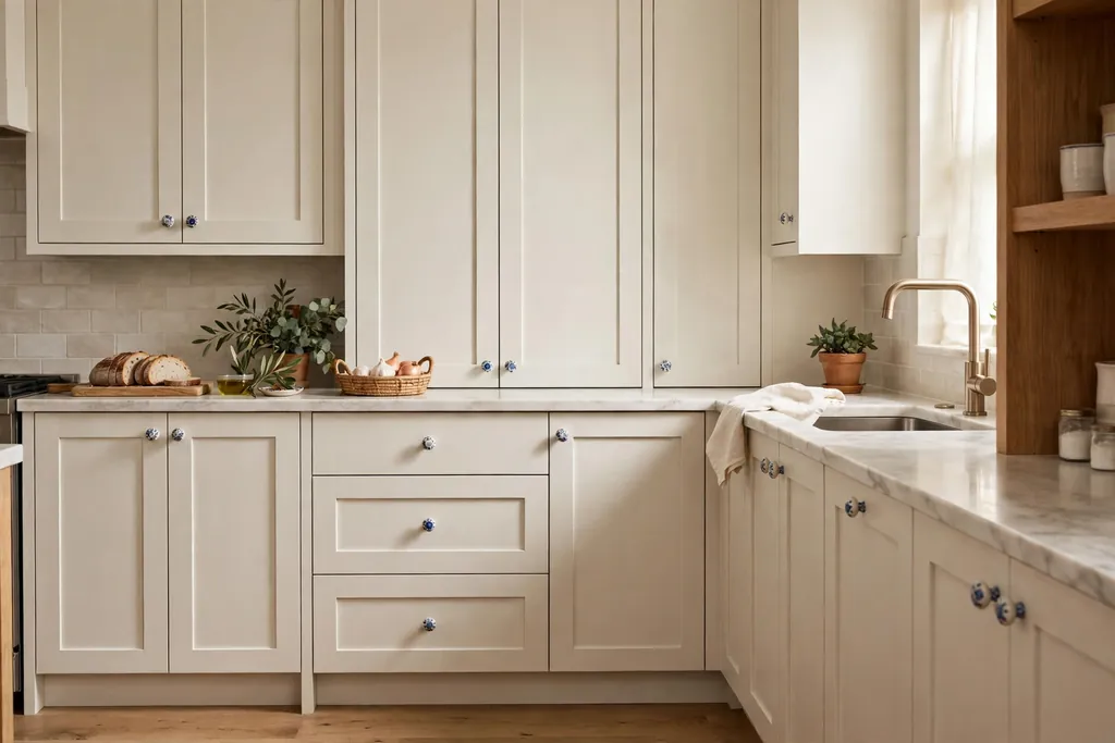 Kitchen cabinets fitted with small ceramic knobs in a soft pattern.