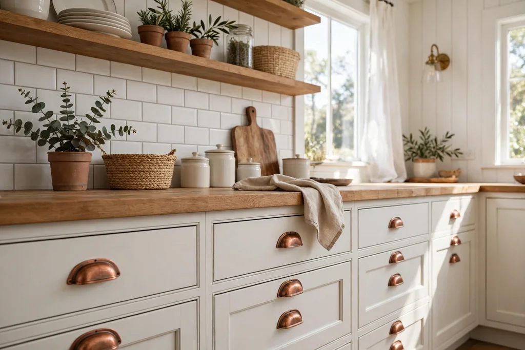 Farmhouse kitchen drawers fitted with warm copper bin pulls.