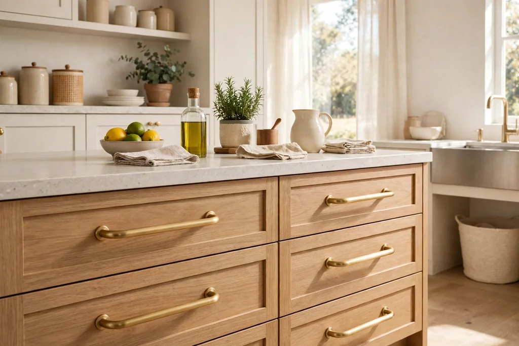 Kitchen drawers fitted with rounded easy grip bar pulls.