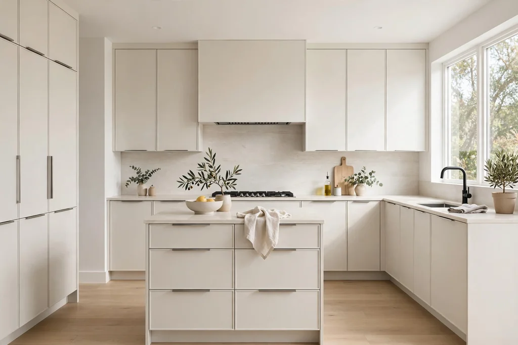 Modern flat front kitchen cabinets with slim metal edge pulls.