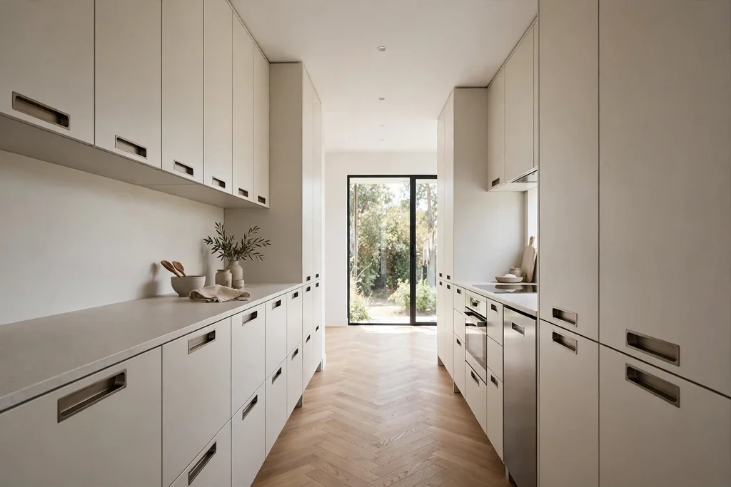 Flat front kitchen cabinets with recessed flush pulls in a narrow walkway.