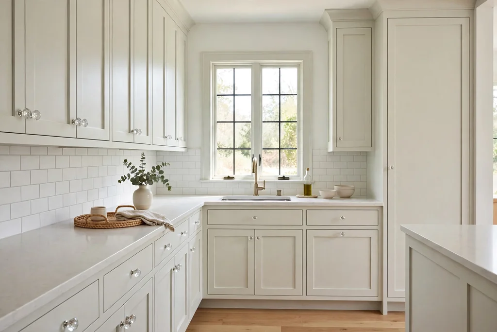 Light kitchen cabinets fitted with clear faceted glass knobs.