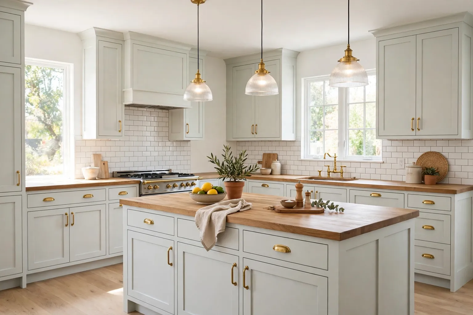 Wide bright kitchen with pale cabinets and brass cabinet handles, a brass tap, and a wood counter.