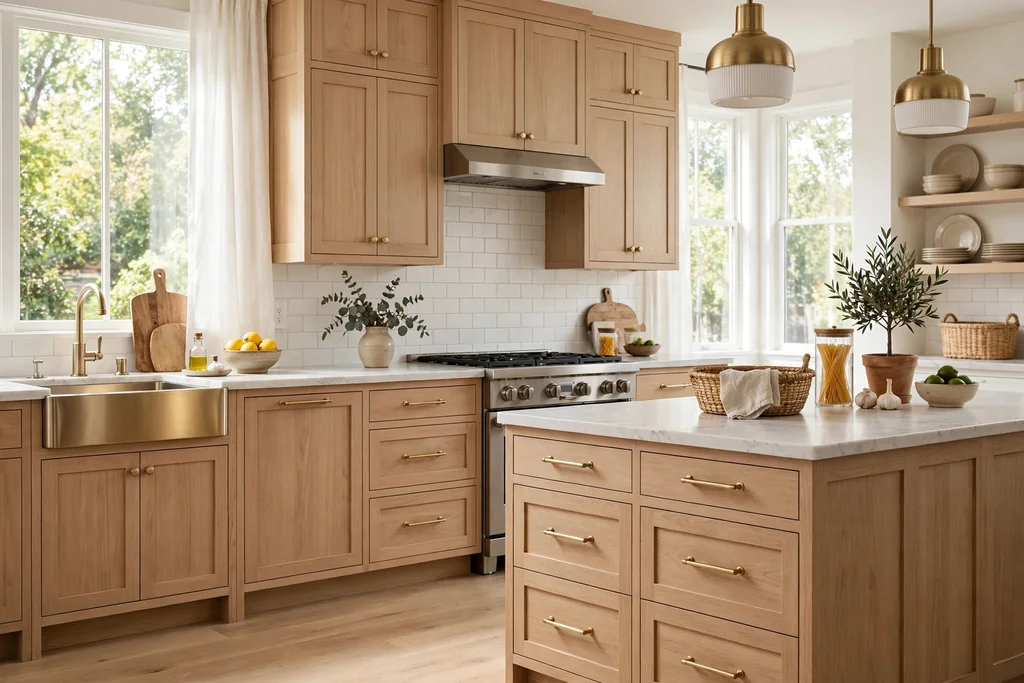 Kitchen with round knobs on cabinet doors and bar pulls on drawers in the same finish.