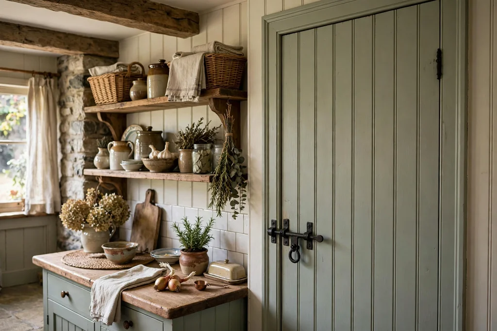 Cottage pantry door fitted with an iron latch handle.