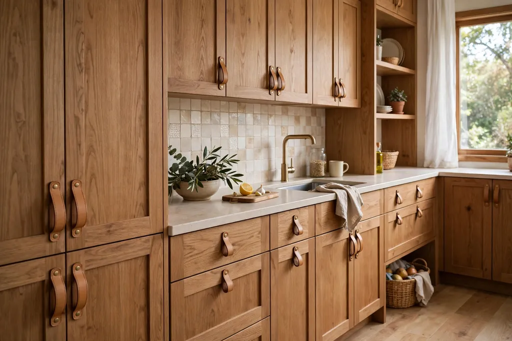 Wood kitchen cabinets fitted with tan leather loop pulls.