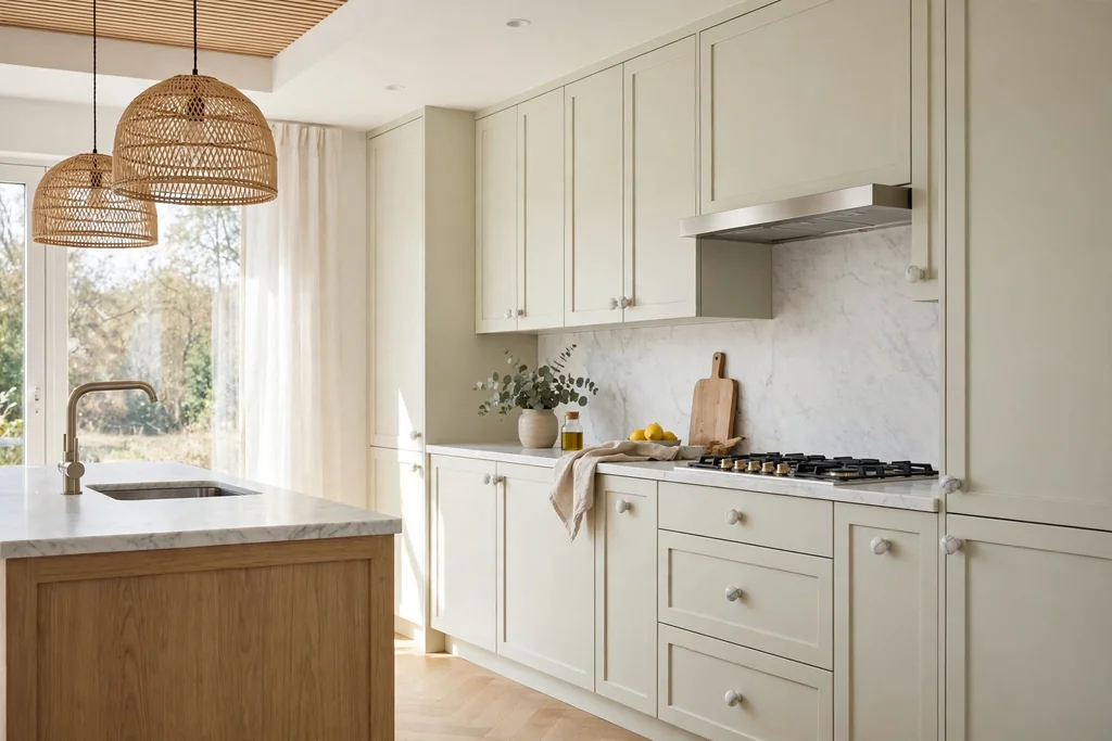Kitchen cabinets fitted with white marble knobs.