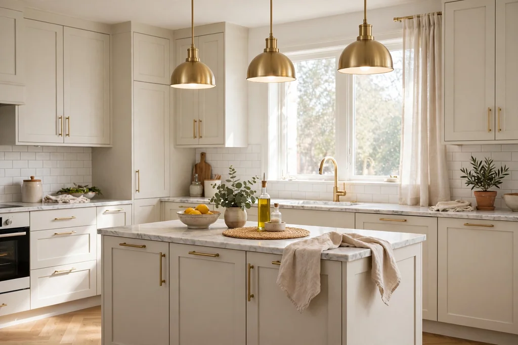 Kitchen with cabinet handles matched in finish to the tap and light fittings.