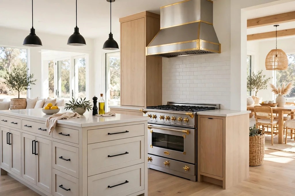 Kitchen island with black handles beside a cooking run with brass handles.