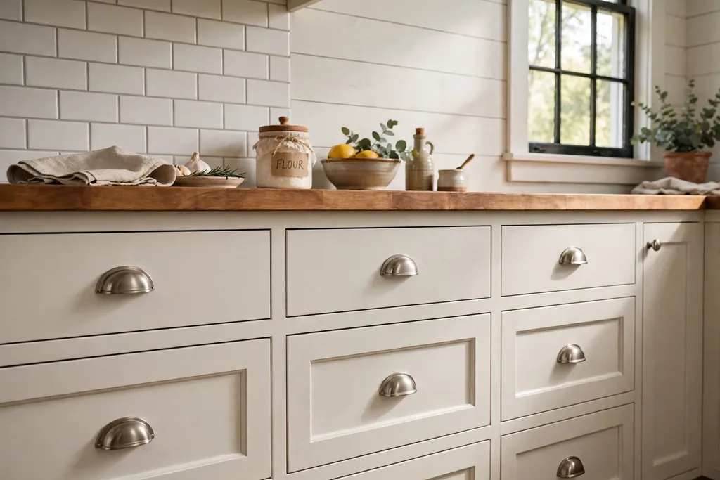 Farmhouse kitchen drawers fitted with brushed nickel cup pulls.