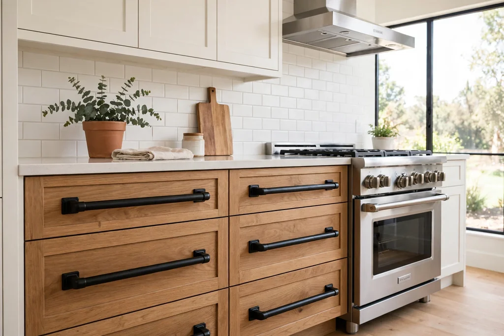 Deep kitchen pot drawers fitted with oversized bar pulls.