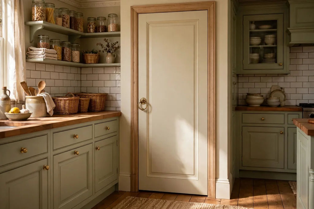 Pantry cabinet door fitted with a brass ring pull.