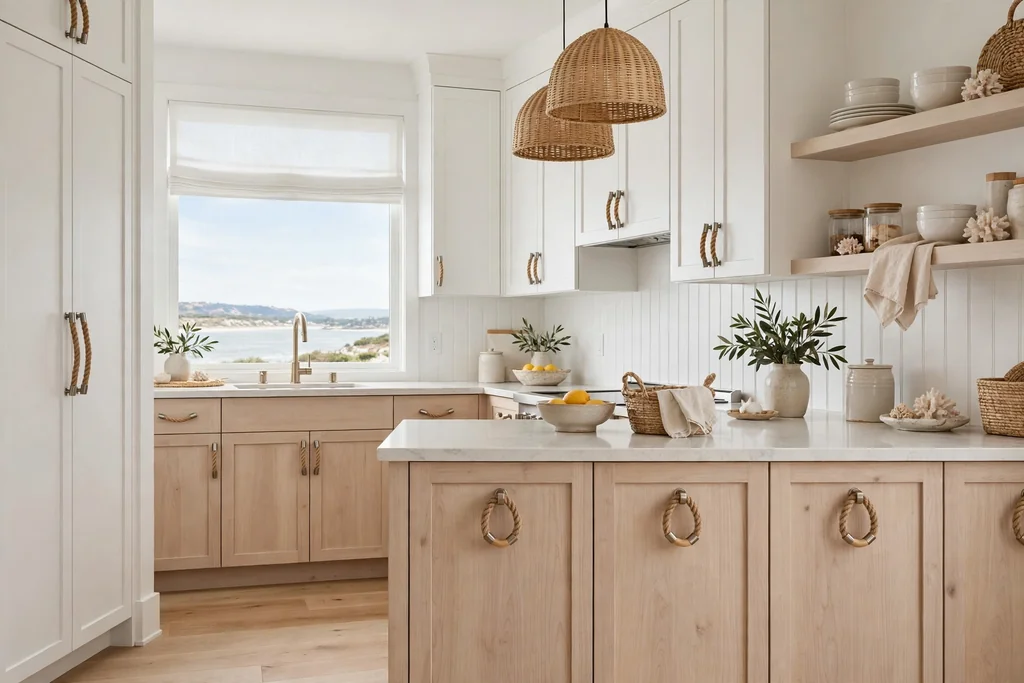 Coastal kitchen cabinets fitted with rope loop pulls with metal ends.