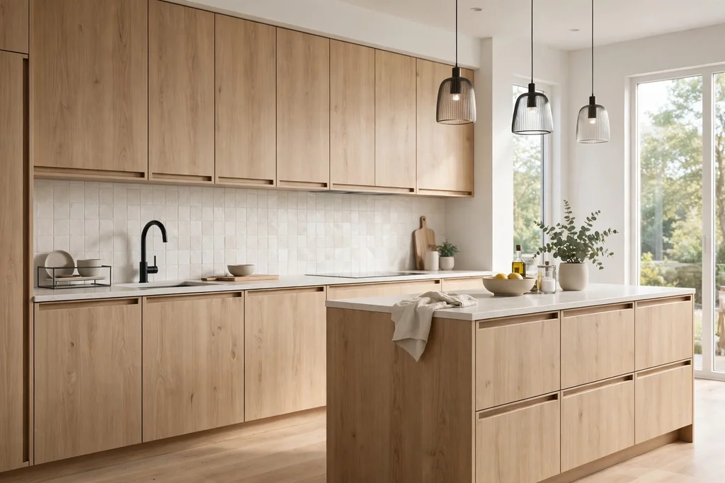 Handleless kitchen cabinets with a routed finger pull groove along the door edge.