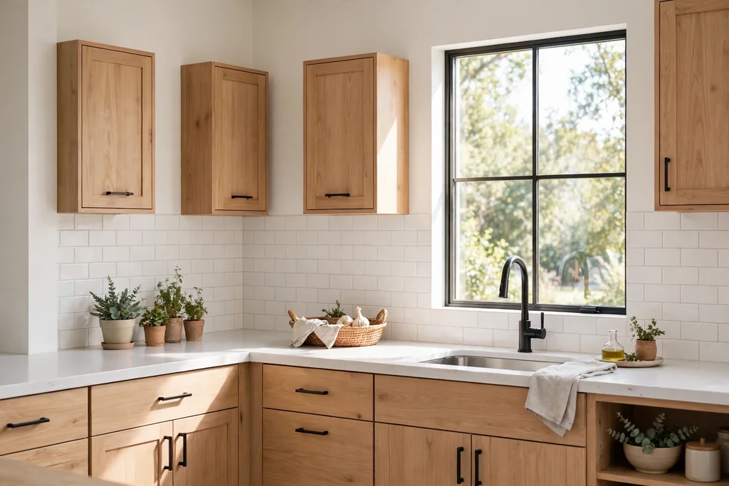 Small upper kitchen cabinets fitted with short bar pulls.