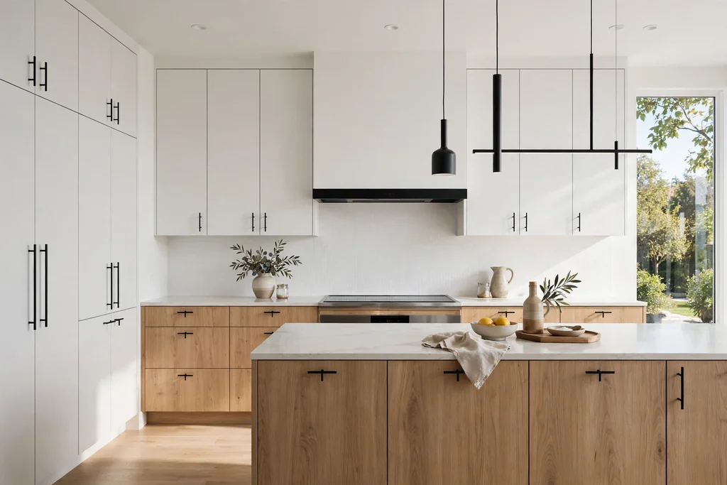 Modern kitchen cabinets fitted with slim T bar pulls.