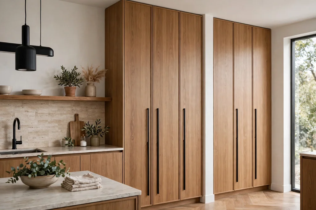 Tall narrow kitchen cabinets fitted with slim vertical pulls.