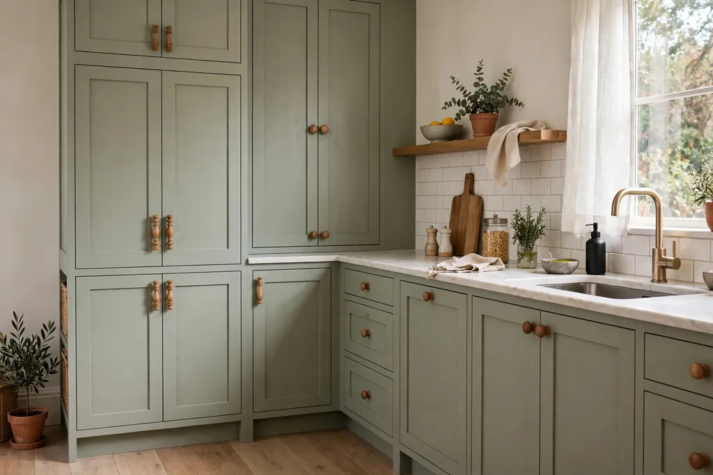 Painted kitchen cabinets fitted with turned wood knobs.