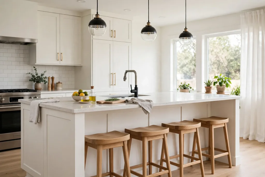 Backless counter stools tucked fully under a kitchen island.
