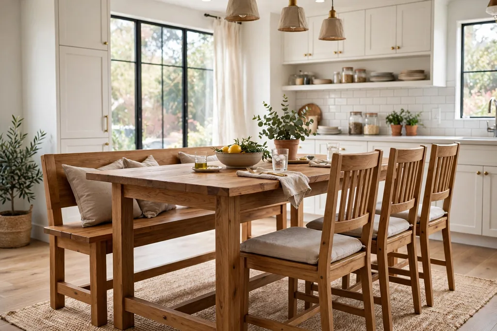 Kitchen table with a wood bench on one side and chairs on the other.
